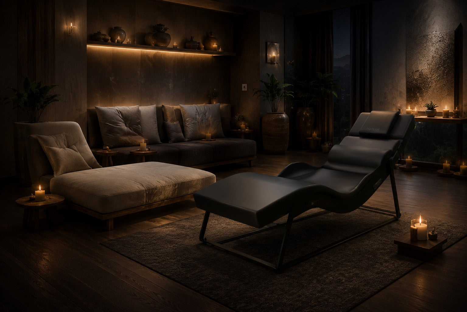 Professional wellness lounge featuring vibroacoustic sound healing furniture