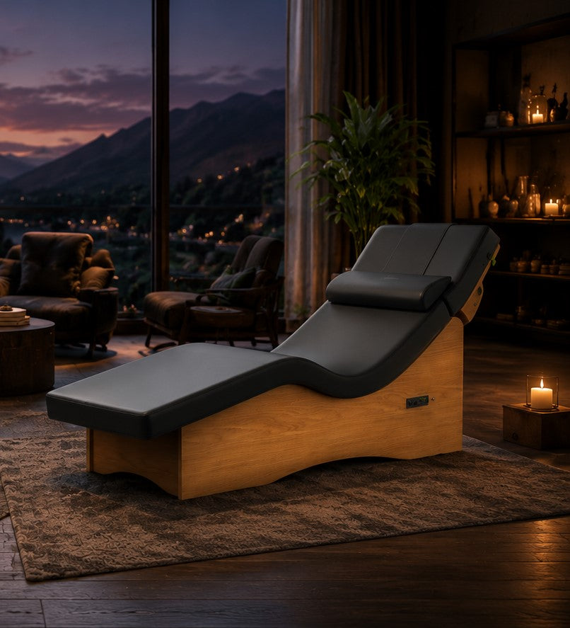 AuraLounge vibroacoustic relaxation lounger designed for sound healing, meditation, and emotional wellness