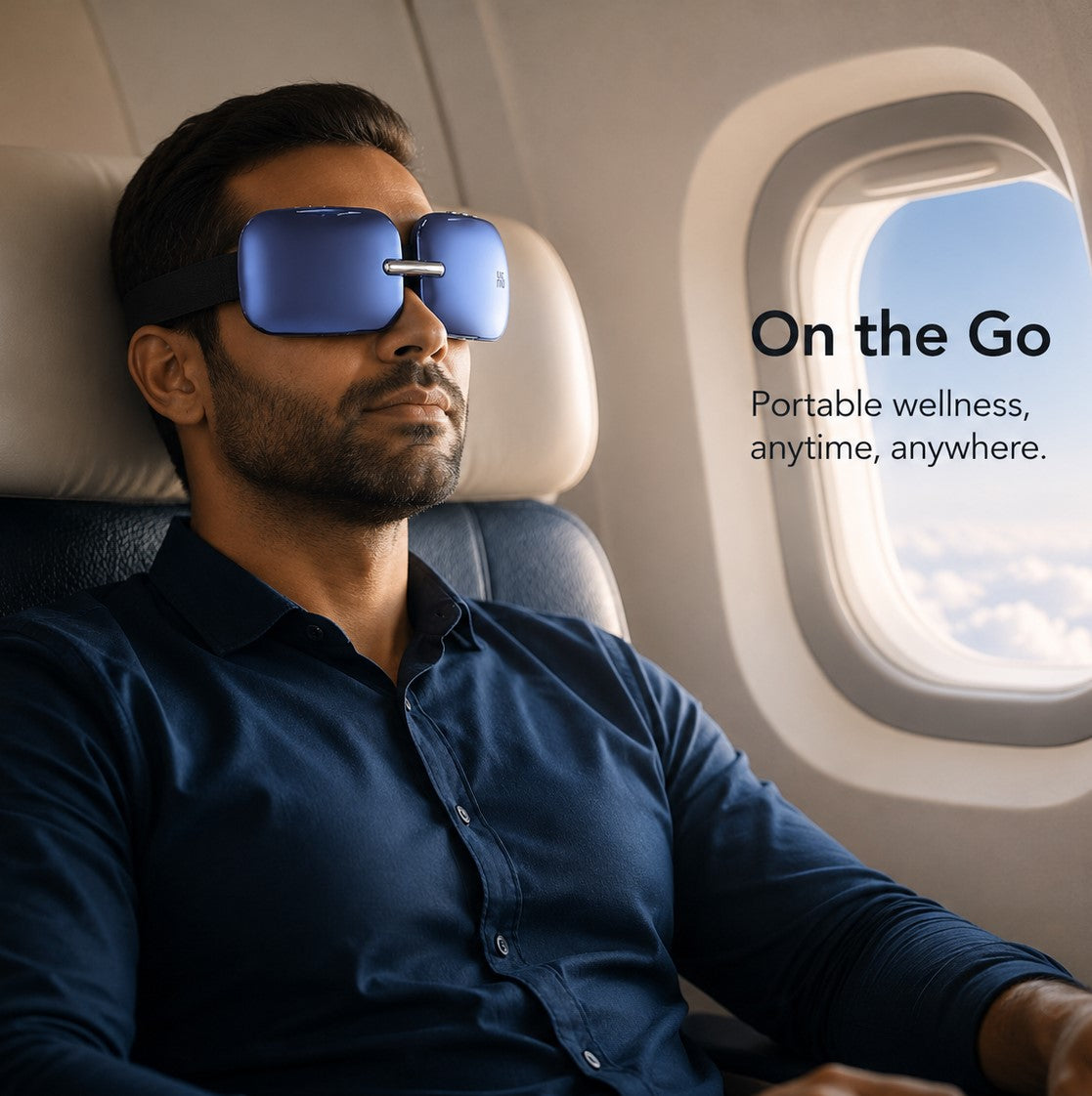 Man using Hisooth E10 portable eye massager during air travel