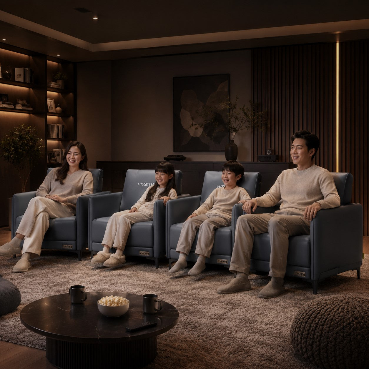 Immersive entertainment lounge with sensory cinema seating for family movie nights