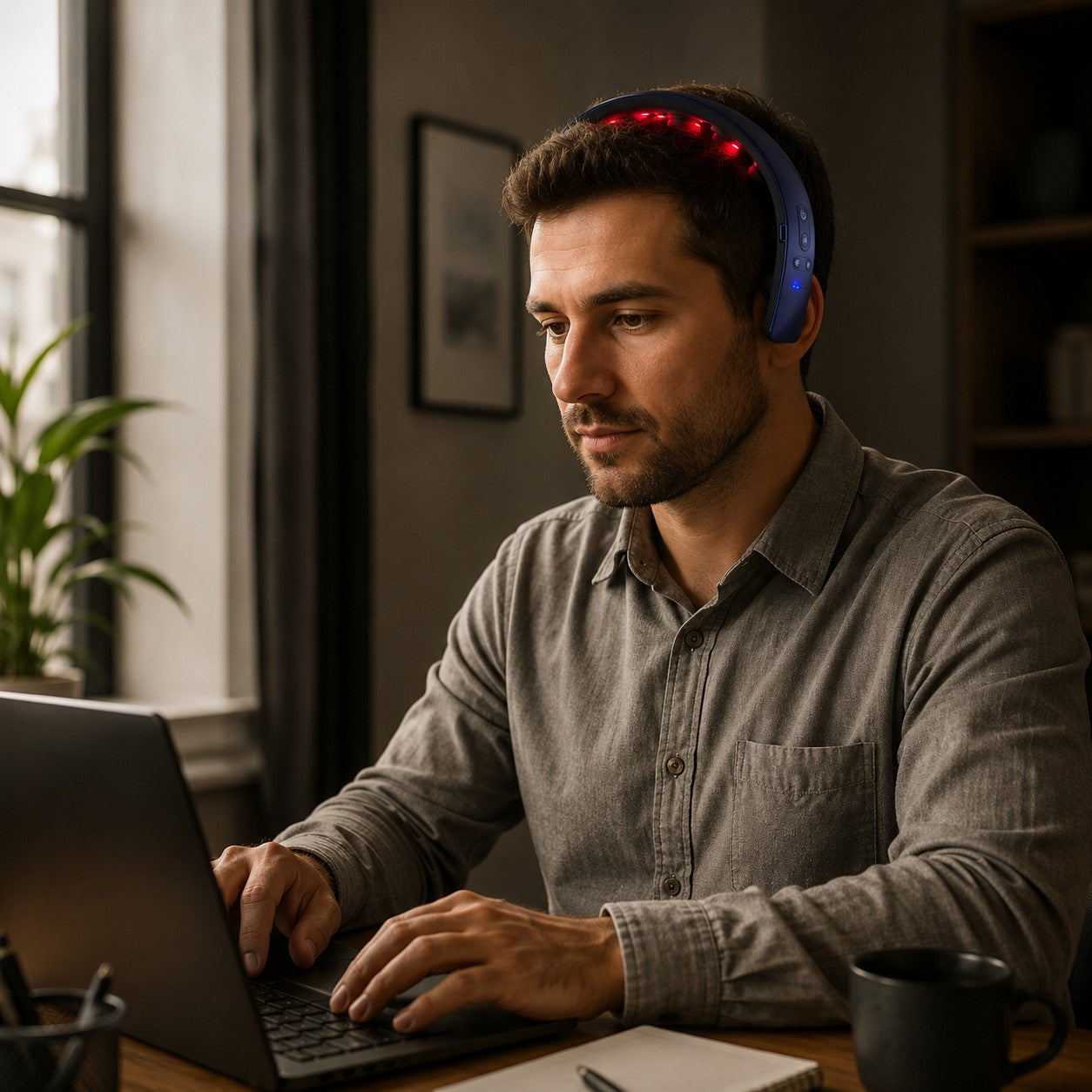 Man using Hisooth H2 scalp massager while working from home