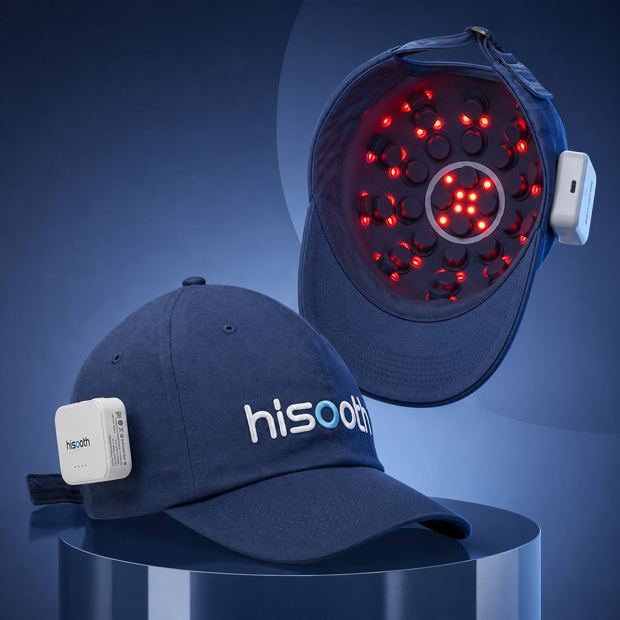 Blue Hisooth Scalp Wellness cap with LED light therapy device on a blue background