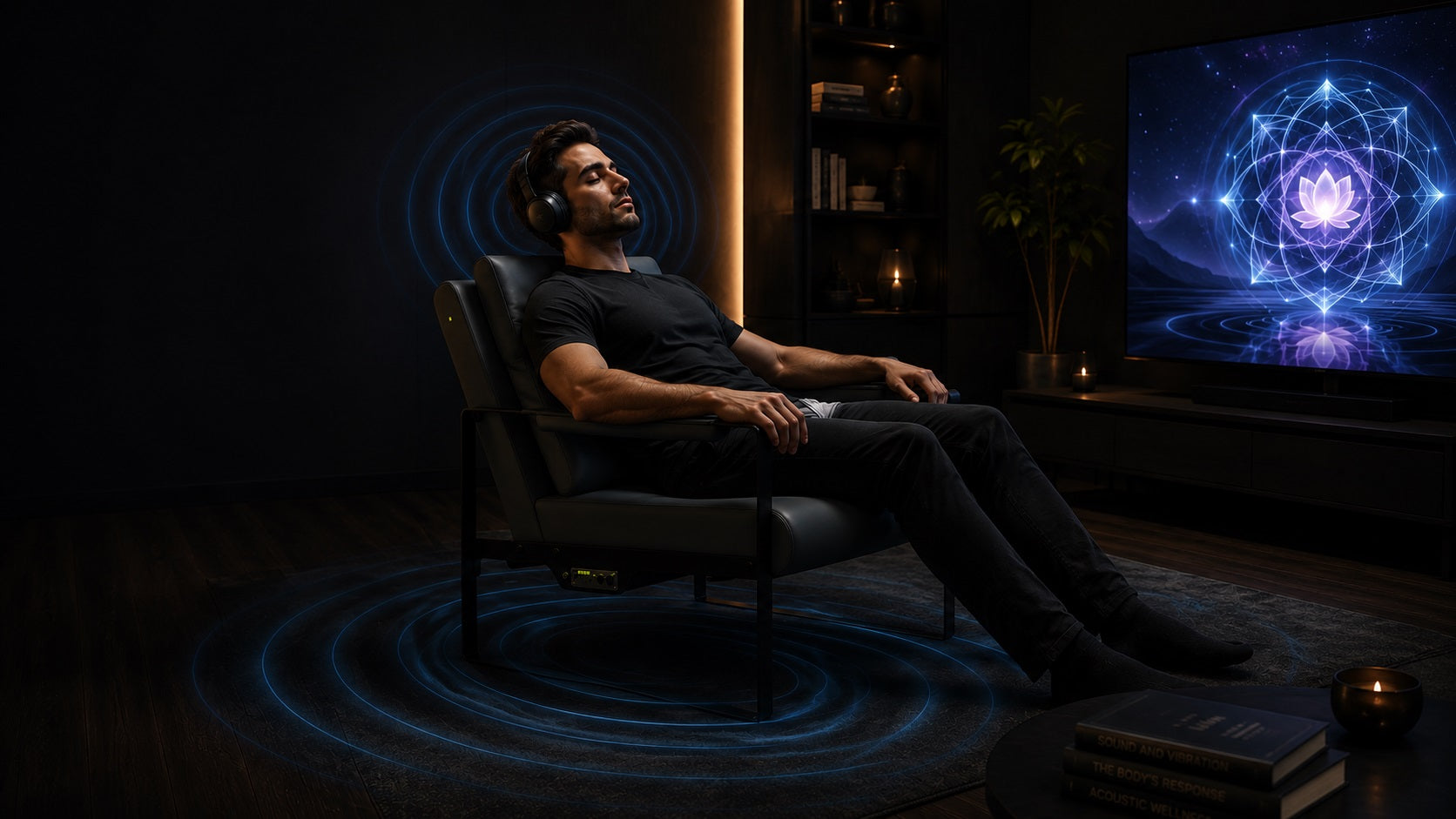 Man relaxing in a Hisooth vibroacoustic lounge chair experiencing synchronized sound and vibration