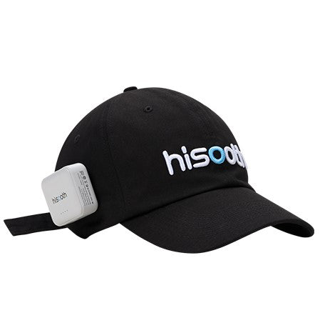 Black Scalp Massage and Anti-hair loss massage cap with 'hisoom' branding on a white background