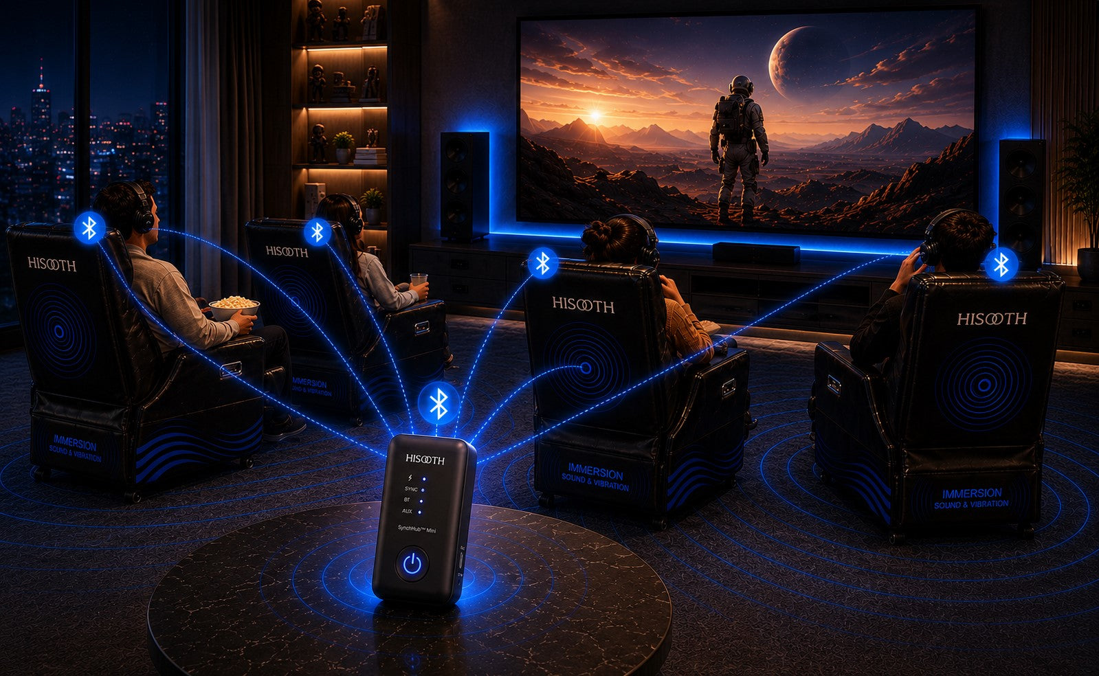 Home theater setup with gaming chairs and a large screen displaying a video game.