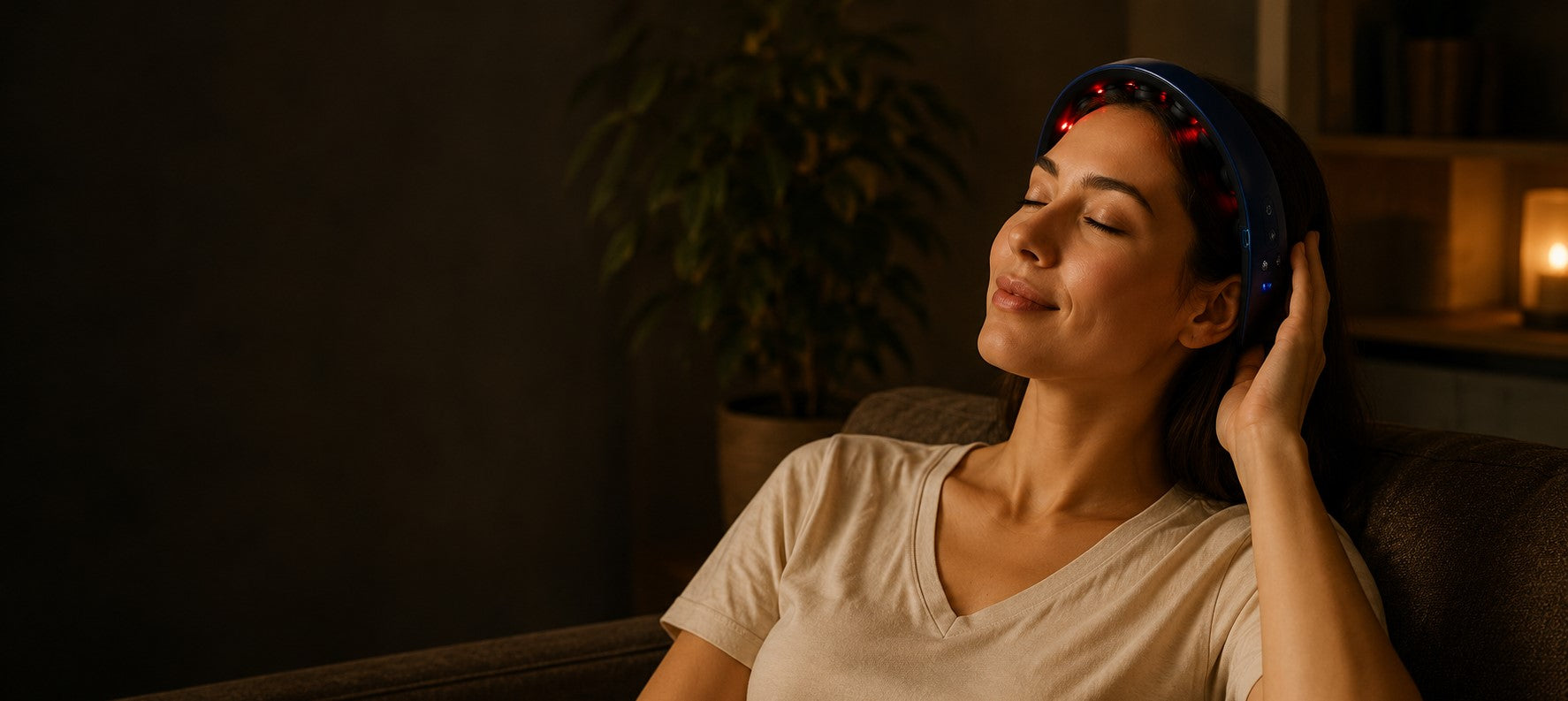 Woman using Hisooth H2 Light Therapy Scalp Massager at home for relaxation and scalp wellness