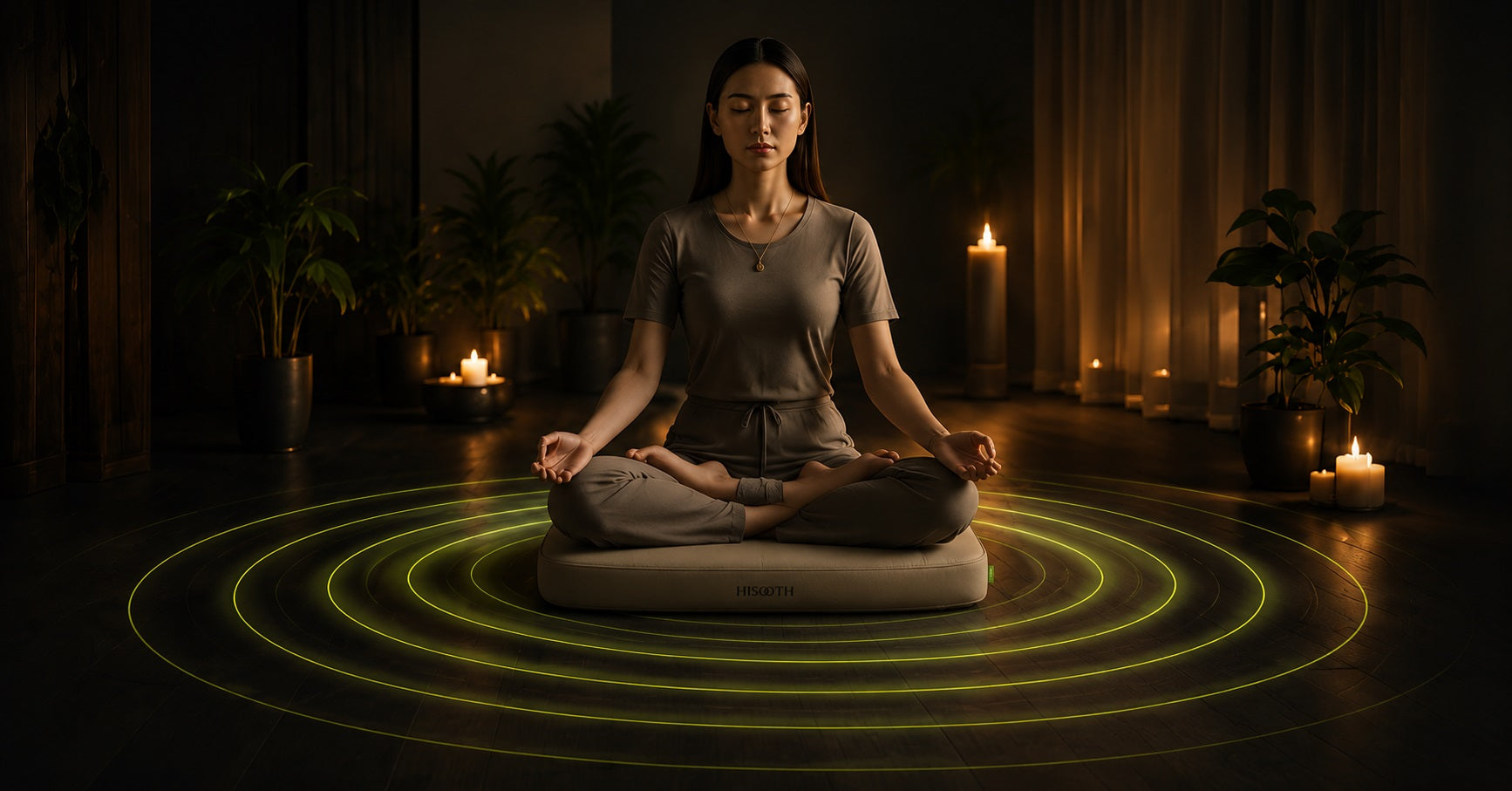 Woman meditating on Hisooth vibroacoustic meditation platform with synchronized low-frequency body resonance
