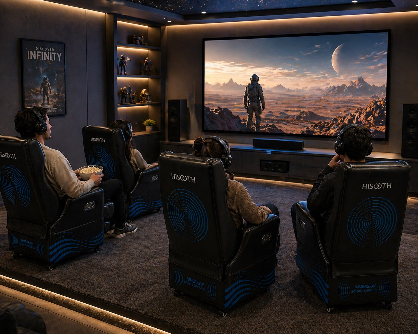 Immersive home theater with synchronized audio and vibration seating for movies and gaming