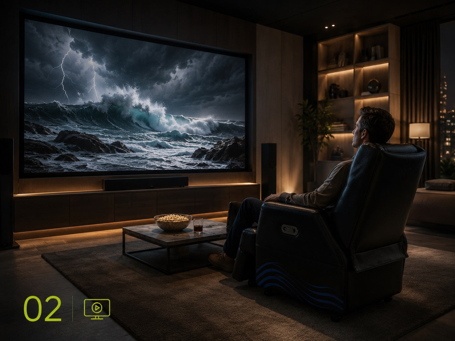 Immersive vibroacoustic home theater experience with synchronized bass resonance