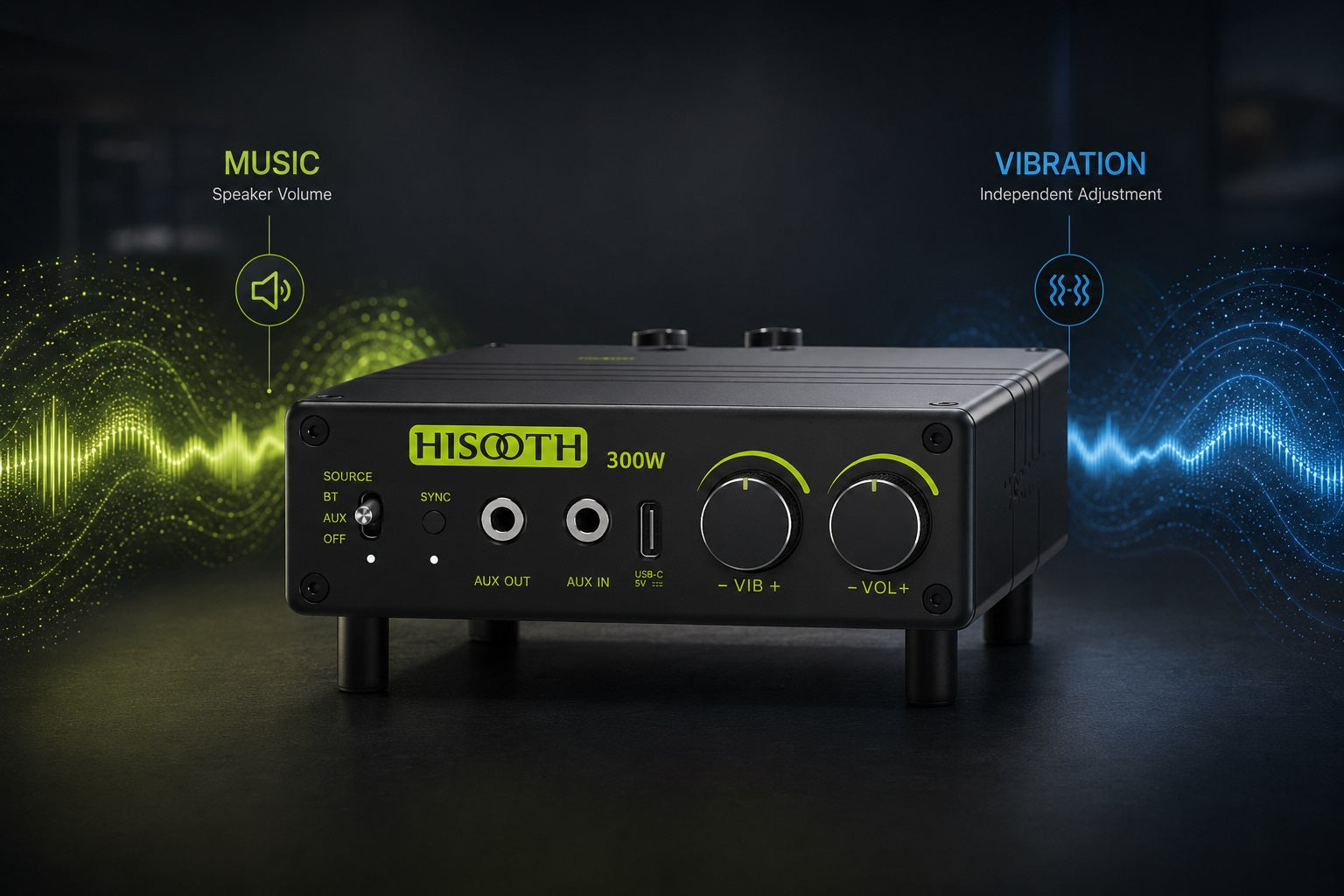 300 watt vibroacoustic amplifier with independent sound and vibration control