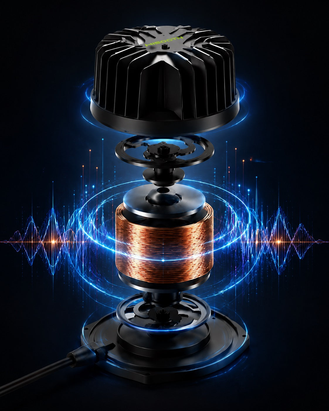 Exploded view of Hisooth tactile transducer showing resonance coil and vibration architecture