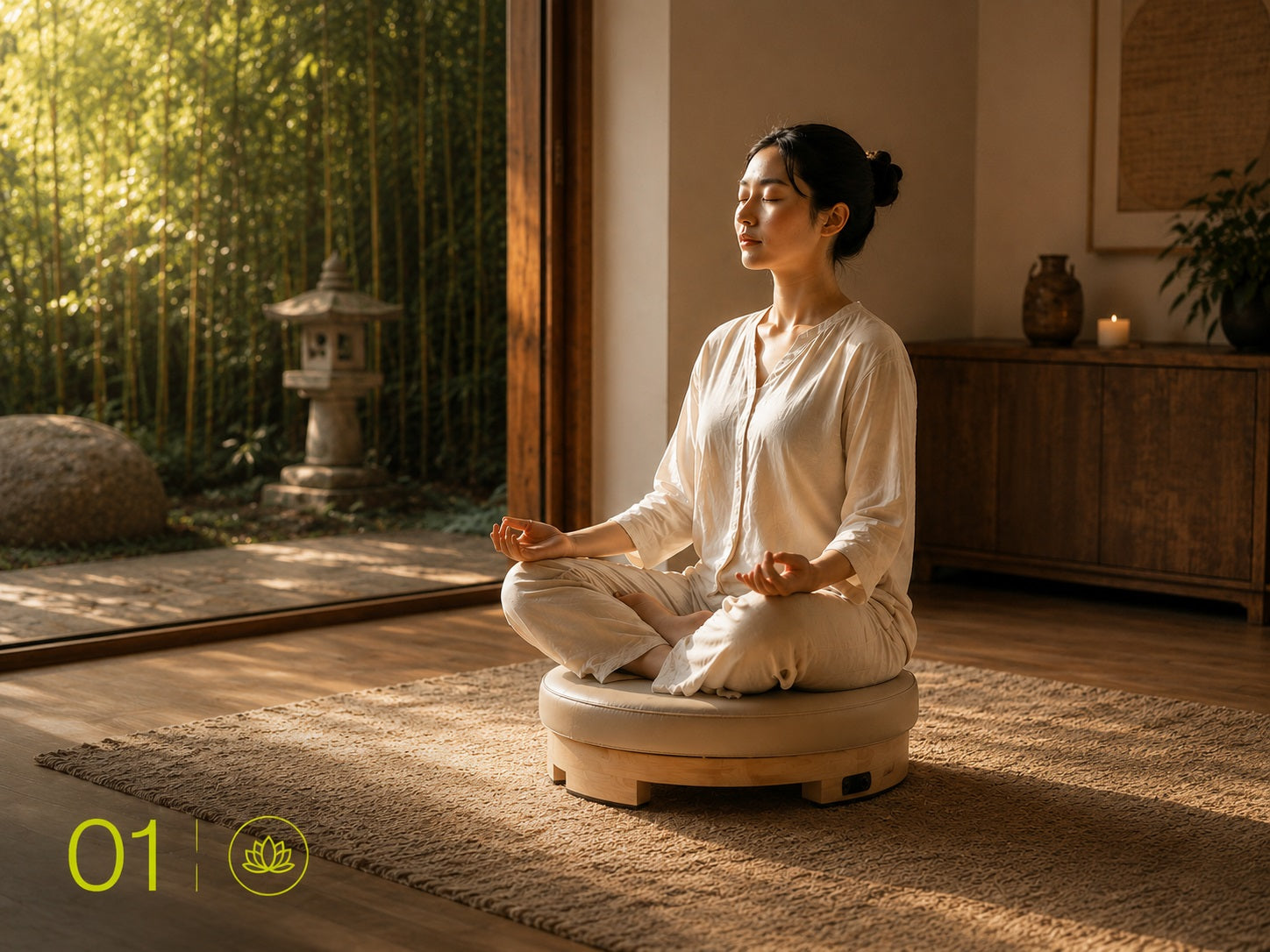 Meditation platform with synchronized low-frequency vibration and mindfulness support