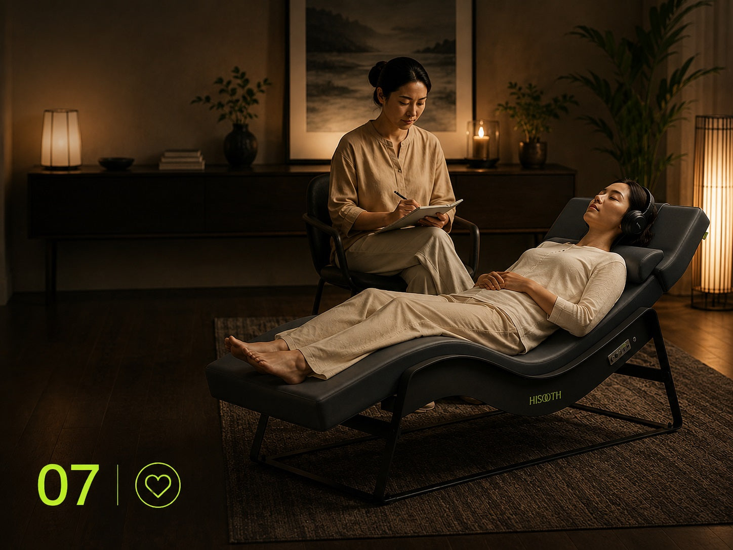 Low-frequency sound therapy environment supporting relaxation and emotional wellness