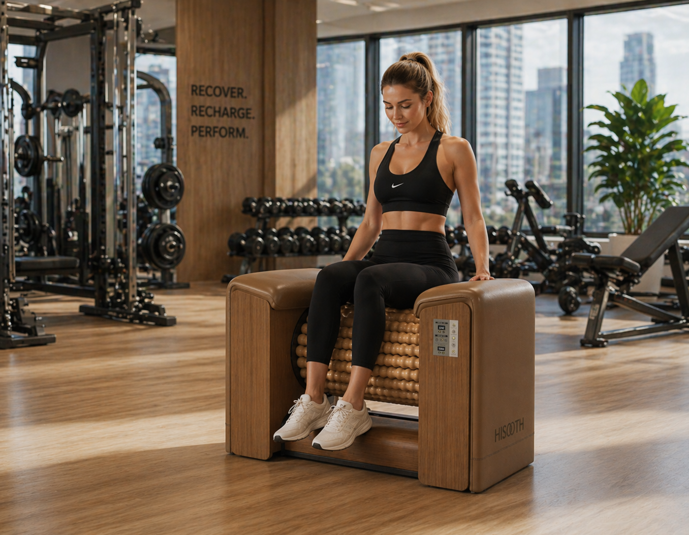 Athlete using motorized roller massage machine for post-workout recovery