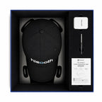 Black scalp care massage cap with accessories in a box, featuring the brand 'hisooth'.