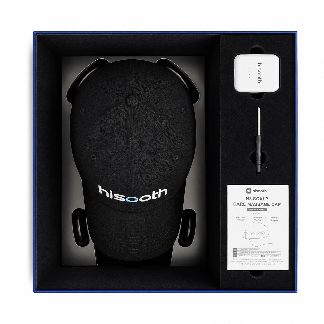 Black scalp care massage cap with accessories in a box, featuring the brand 'hisooth'.