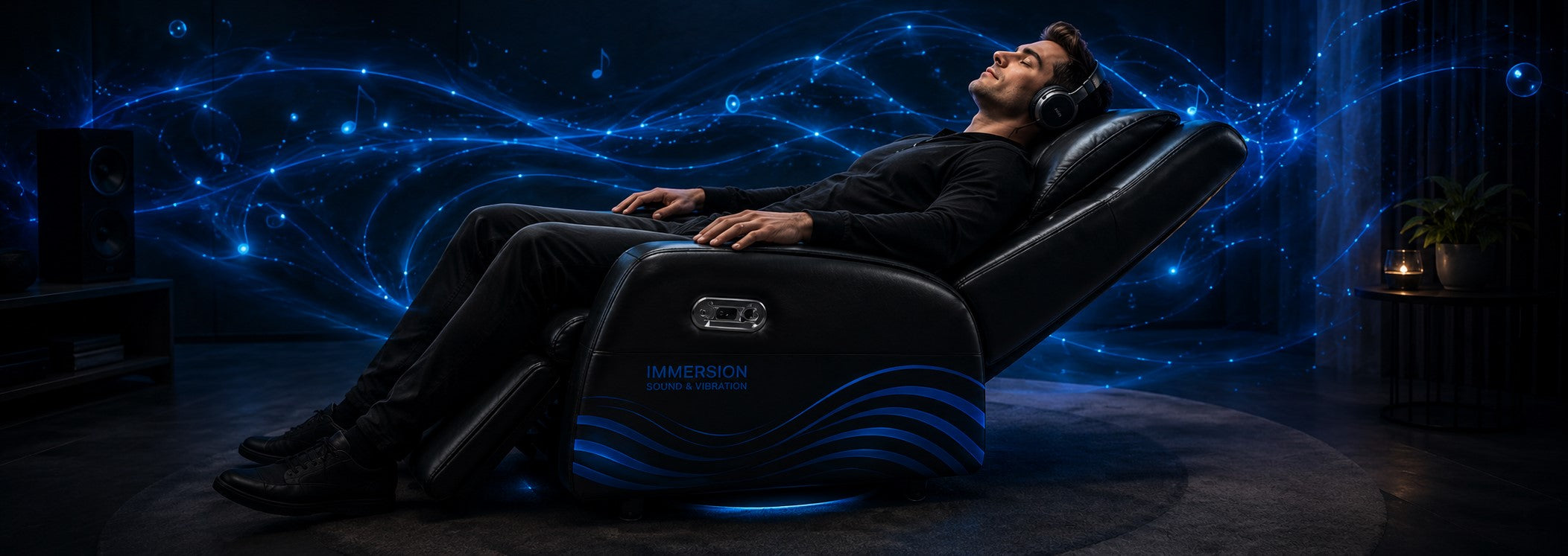 Man relaxing in immersive home theater chair with headphones and sensory sound experience