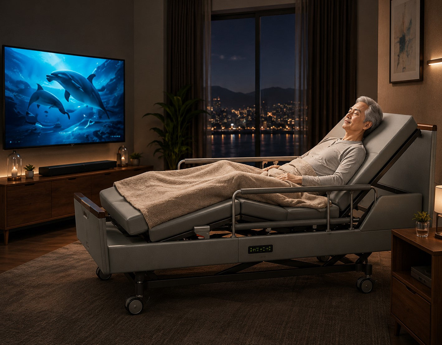 Immersive recovery care bed with synchronized sound therapy, sensory stimulation, and cinematic wellness experience for long-term home care