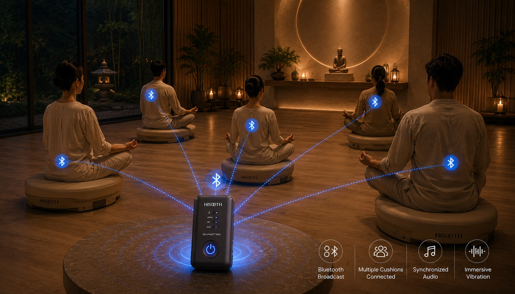Hisooth Bluetooth Broadcast Hub synchronizing audio and vibration across multiple meditation platforms
