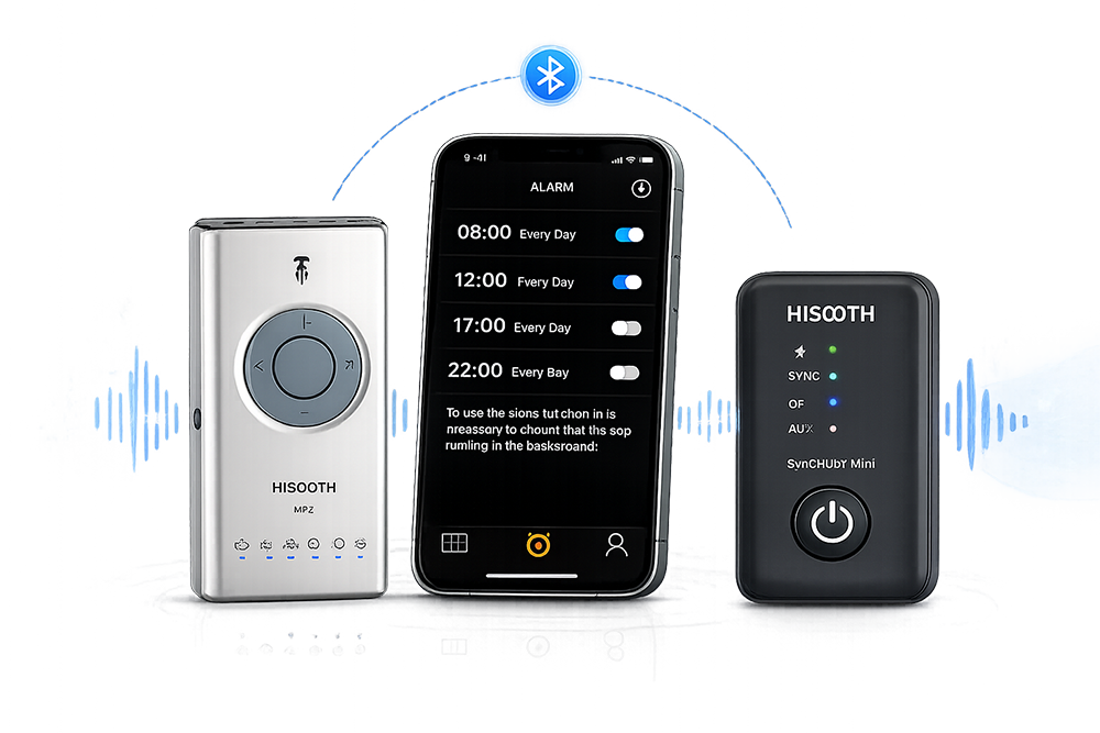 Hisooth ecosystem including MP3 player, wellness app, and SynchroHub Mini for synchronized vibroacoustic therapy experiences
