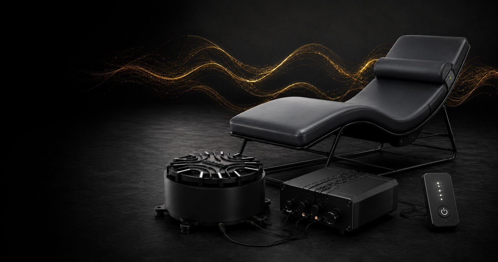 Hisooth vibroacoustic technology platform featuring transducer amplifier and immersive meditation lounger