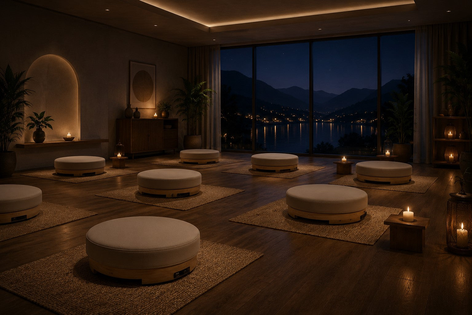 Group meditation studio with synchronized vibroacoustic meditation platforms and immersive sound