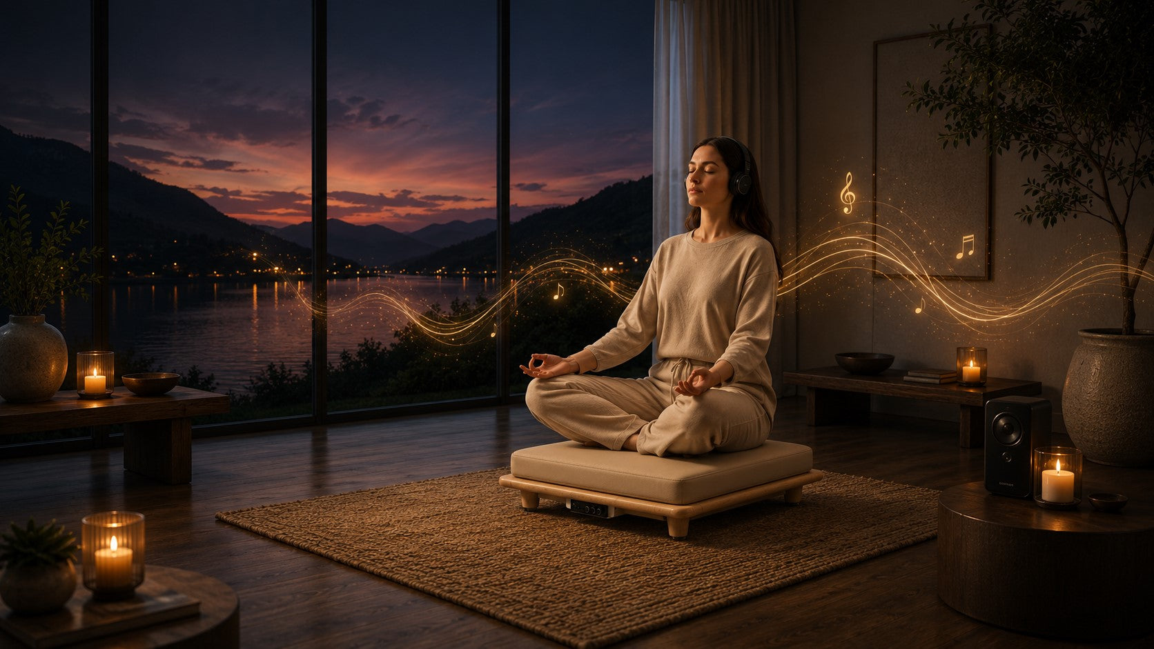 Woman meditating on a Hisooth vibroacoustic meditation platform with immersive music and synchronized vibration